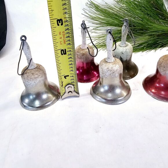 5 Vintage Glitter Snowy Metal Bells Christmas Tree Ornaments w/handle & clapper - Picture 3 of 11